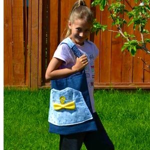 Tweety bird character handmade cotton blue tote bow denim up-cycled shoulder bag